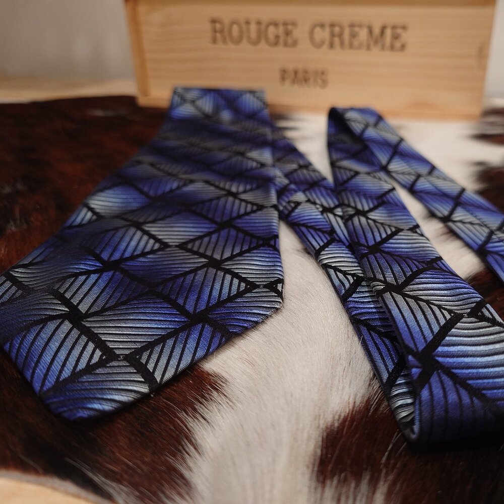 Zylos Platinum by George Machado Blue and Black Striped Squares Silk Tie